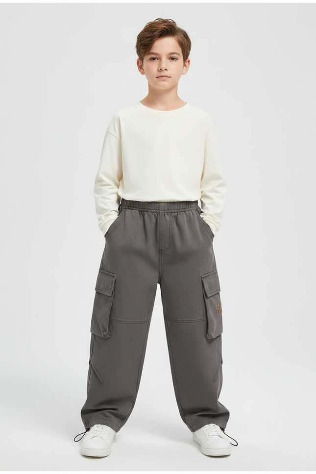 Pantalon Parachute Cargo Gris Ample Garçon Décontracté Coton - Molleton