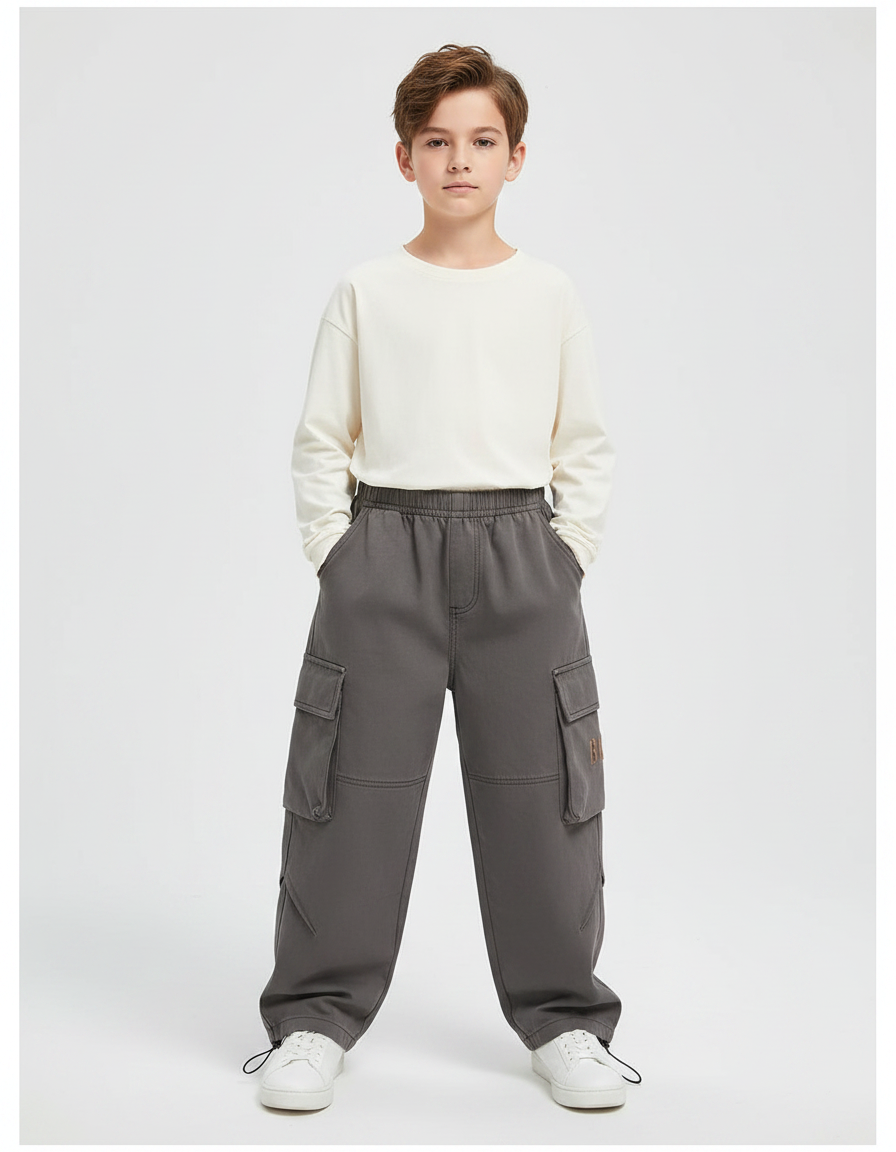 Pantalon Parachute Cargo Gris Ample Garçon Décontracté Coton - Molleton