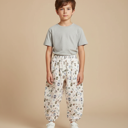 Pantalon Parachute Crème Ample Fleuri Ours Coton Enfant - Beige