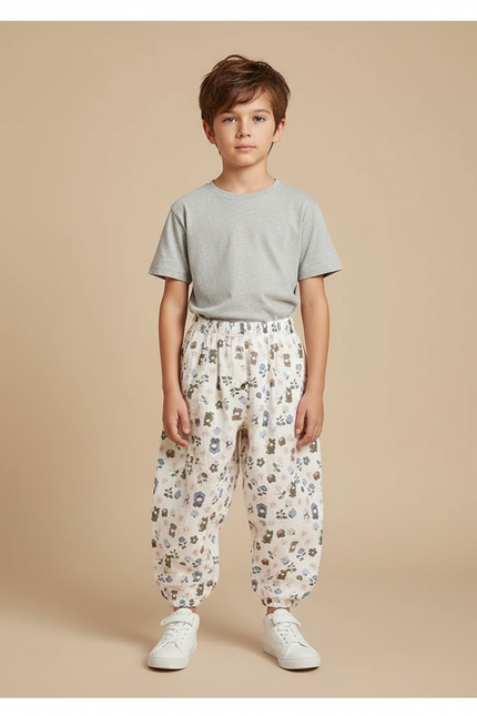 Pantalon Parachute Crème Ample Fleuri Ours Coton Enfant - Beige