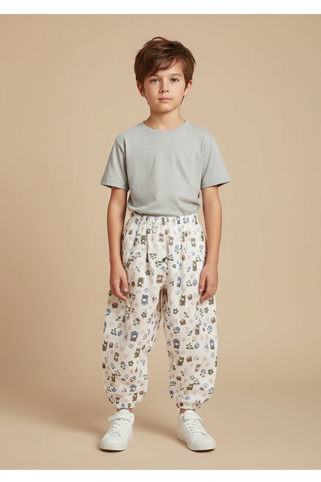 Pantalon Parachute Crème Ample Fleuri Ours Coton Enfant - Beige
