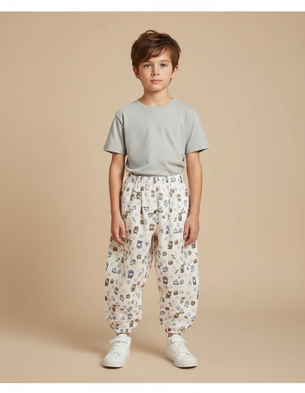 Pantalon Parachute Crème Ample Fleuri Ours Coton Enfant - Beige