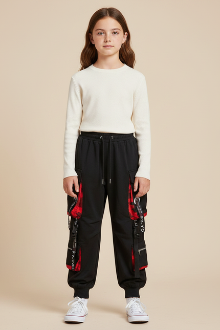 Pantalon Parachute Noir Cargo Ample Rouge Streetwear - Molleton
