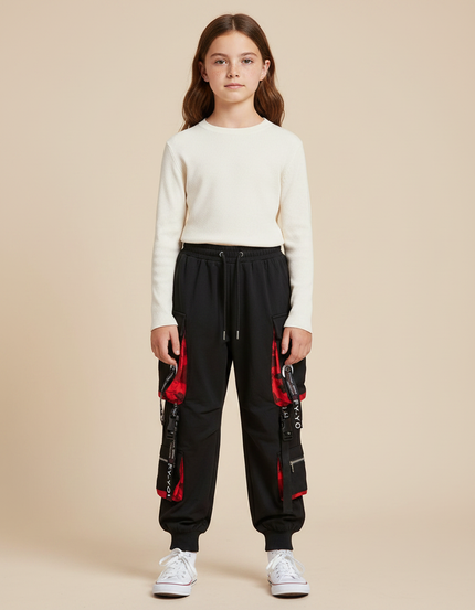 Pantalon Parachute Noir Cargo Ample Rouge Streetwear - Molleton