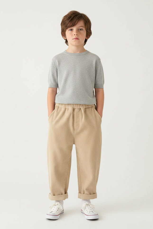 Pantalon Parachute Beige Côtelé Ample Décontracté Élastiqué Enfant - Cordé