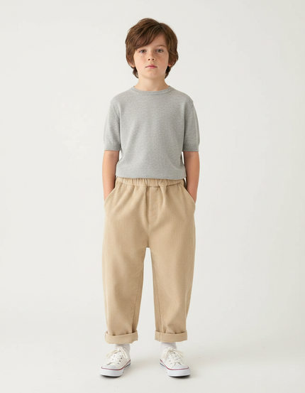 Pantalon Parachute Beige Côtelé Ample Décontracté Élastiqué Enfant - Cordé