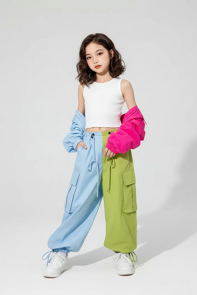 Pantalon Parachute Bicolore Ample Cargo Enfant Décontracté - Multicolore Polyester