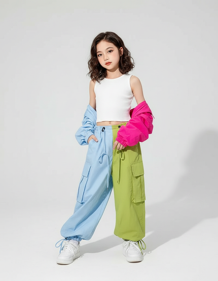 Pantalon Parachute Bicolore Ample Cargo Enfant Décontracté - Multicolore Polyester