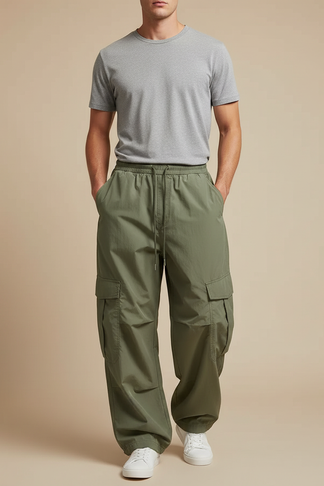 Pantalon Parachute Vert Armée Cargo Ample Homme - Kaki Polyester