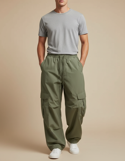 Pantalon Parachute Vert Armée Cargo Ample Homme - Kaki Polyester
