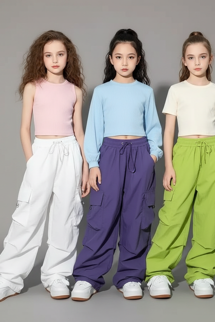 Pantalon Parachute Enfant Cargo Ample Streetwear - Violet Polyester