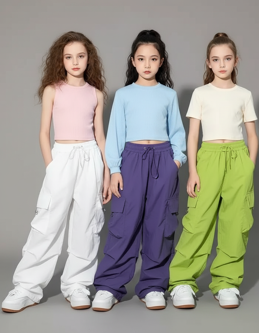 Pantalon Parachute Enfant Cargo Ample Streetwear - Violet Polyester