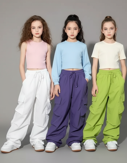 Pantalon Parachute Enfant Cargo Ample Streetwear - Violet Polyester