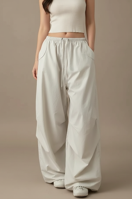 Pantalon Parachute Beige Ample Cargo Fluide Décontracté - Polyester