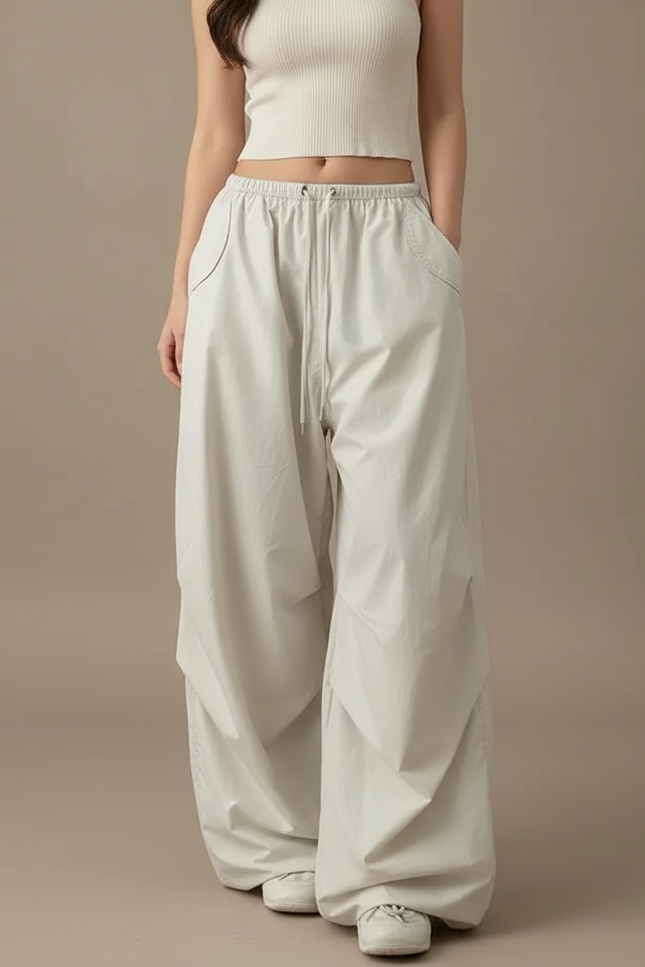 Pantalon Parachute Beige Ample Cargo Fluide Décontracté - Polyester
