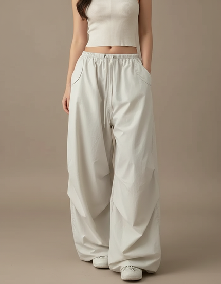 Pantalon Parachute Beige Ample Cargo Fluide Décontracté - Polyester