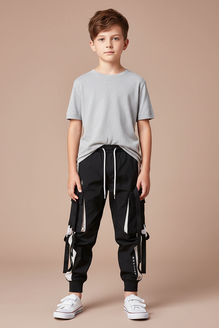 Pantalon Parachute Noir Cargo Cordon Ample Enfant - Polyester