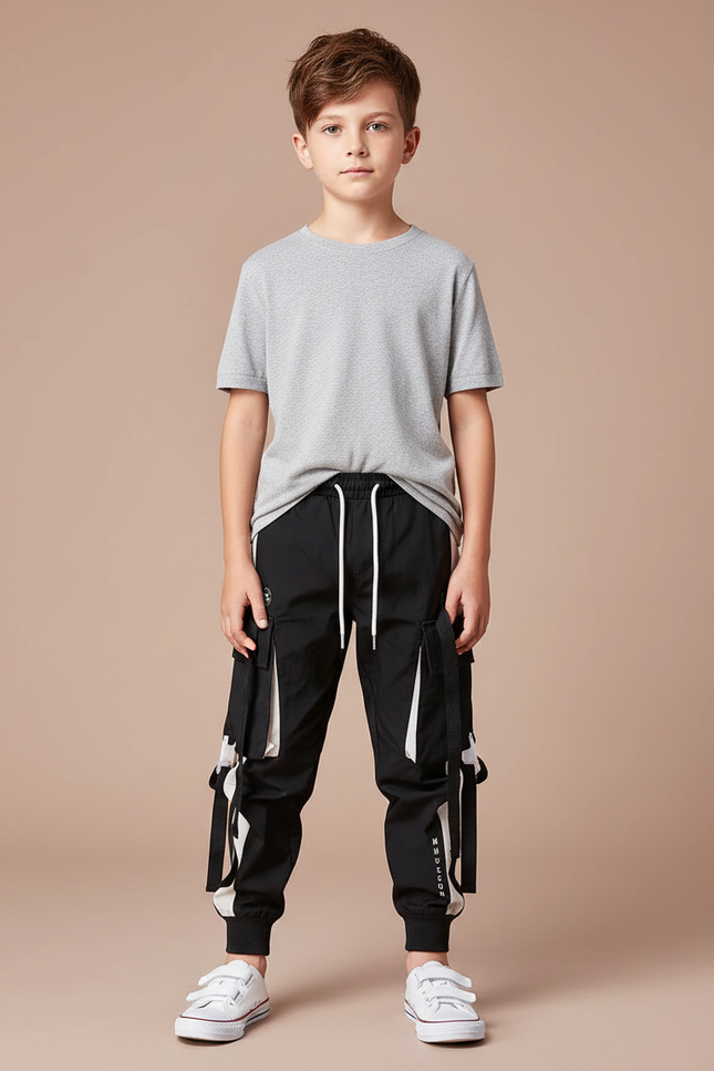Pantalon Parachute Noir Cargo Cordon Ample Enfant - Polyester