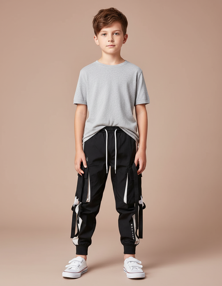 Pantalon Parachute Noir Cargo Cordon Ample Enfant - Polyester