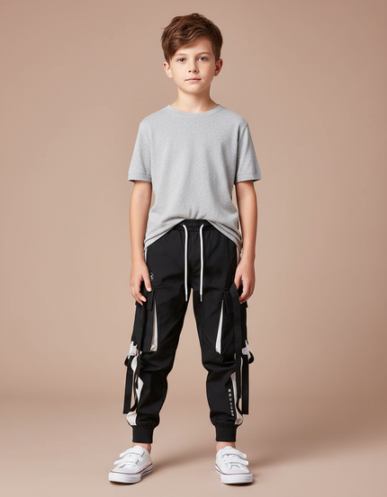 Pantalon Parachute Noir Cargo Cordon Ample Enfant - Polyester