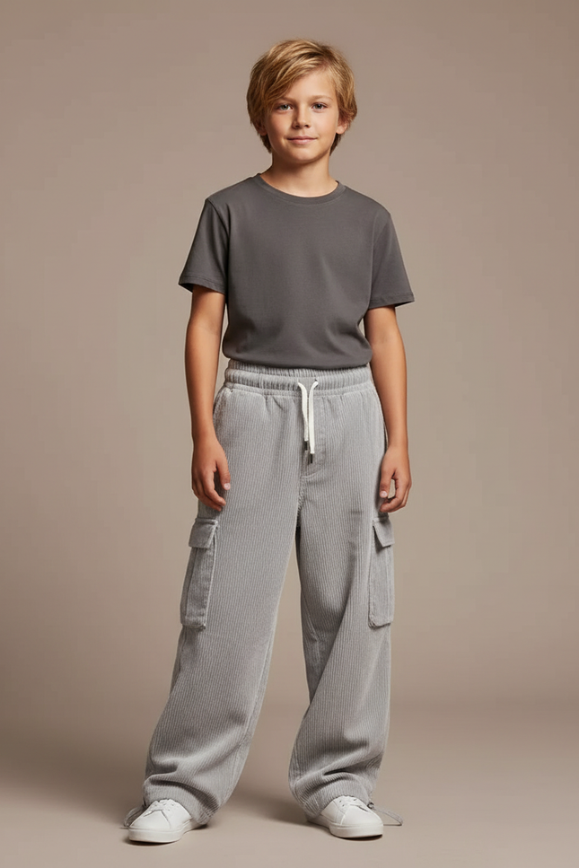 Pantalon Parachute Garçon Gris Baggy Streetwear - Cordé