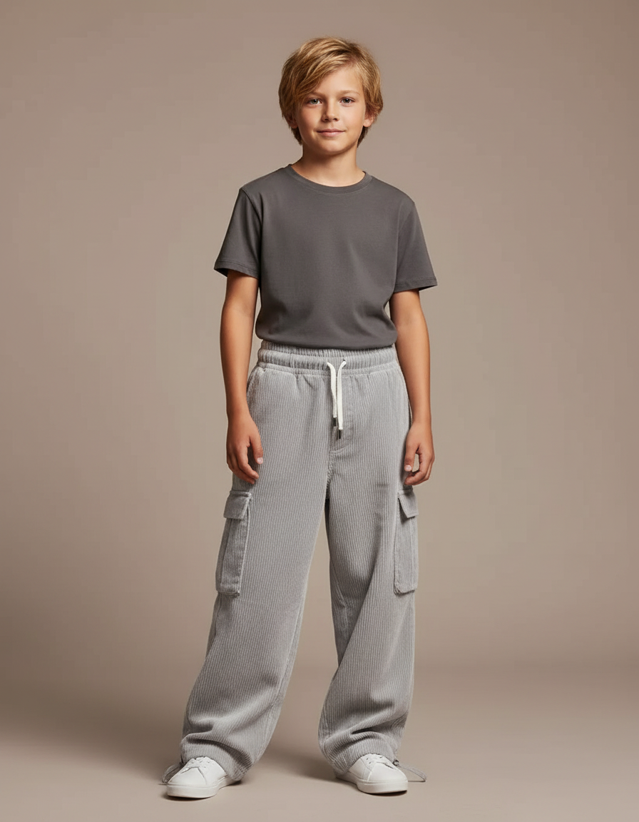 Pantalon Parachute Garçon Gris Baggy Streetwear - Cordé