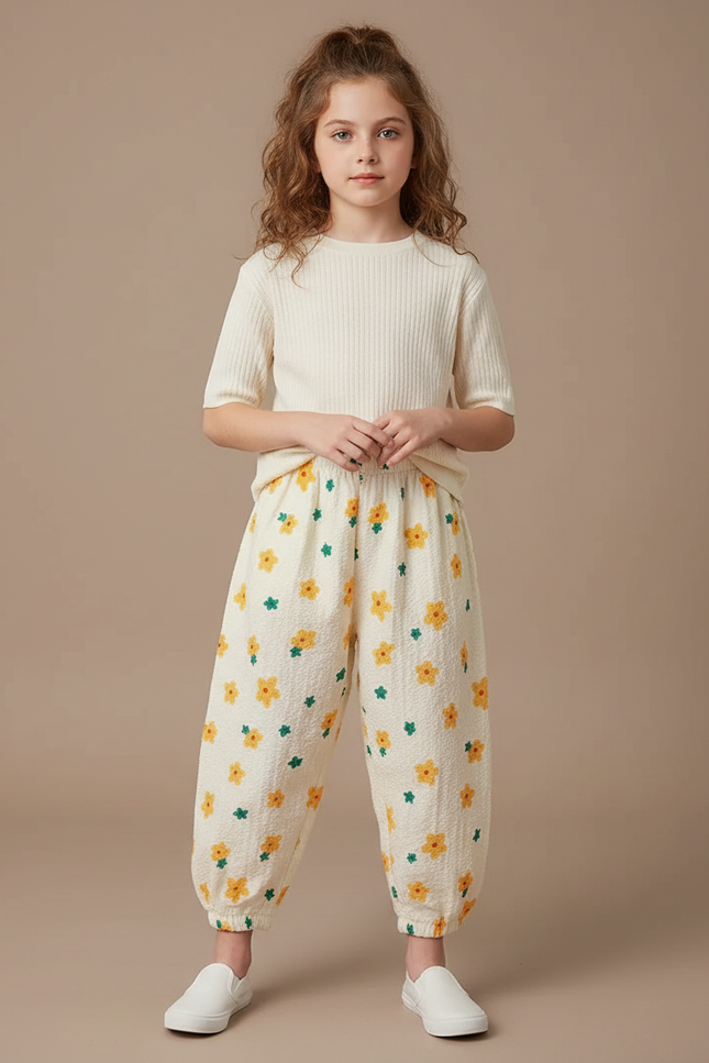 Pantalon Parachute Crème Fleuri Léger Enfant Ample - Beige Coton
