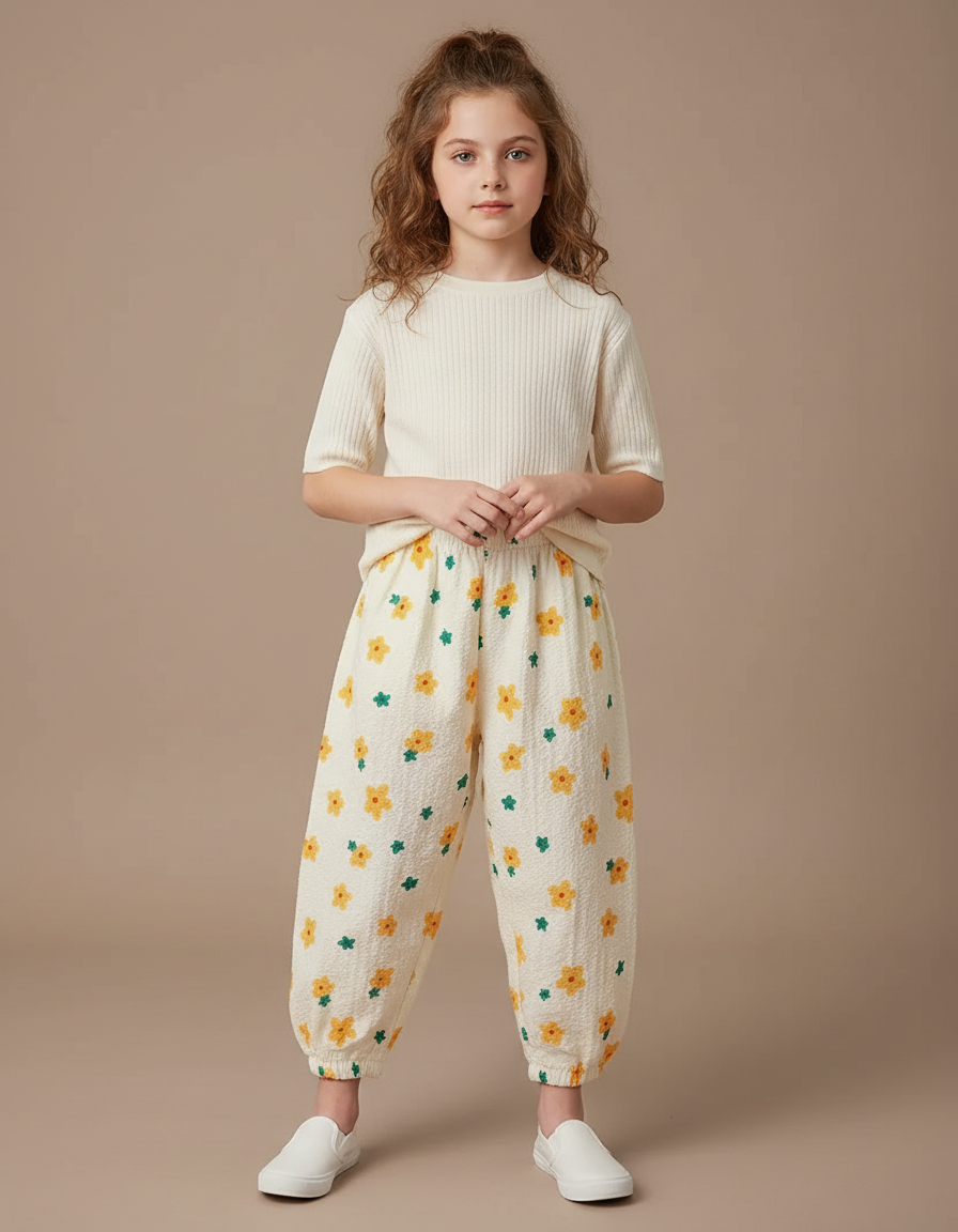 Pantalon Parachute Crème Fleuri Léger Enfant Ample - Beige Coton