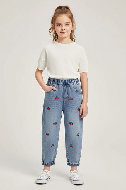 Pantalon Parachute Jean Ample Cerises Brodé Enfant - Bleu