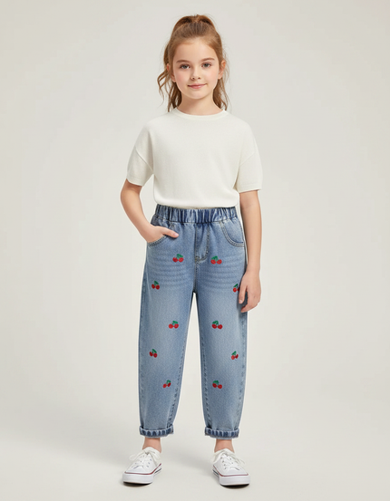 Pantalon Parachute Jean Ample Cerises Brodé Enfant - Bleu