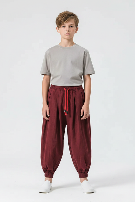 Pantalon Parachute Bordeaux Ample Coton Enfant Décontracté