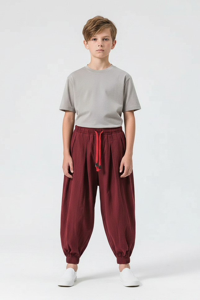 Pantalon Parachute Bordeaux Ample Coton Enfant Décontracté
