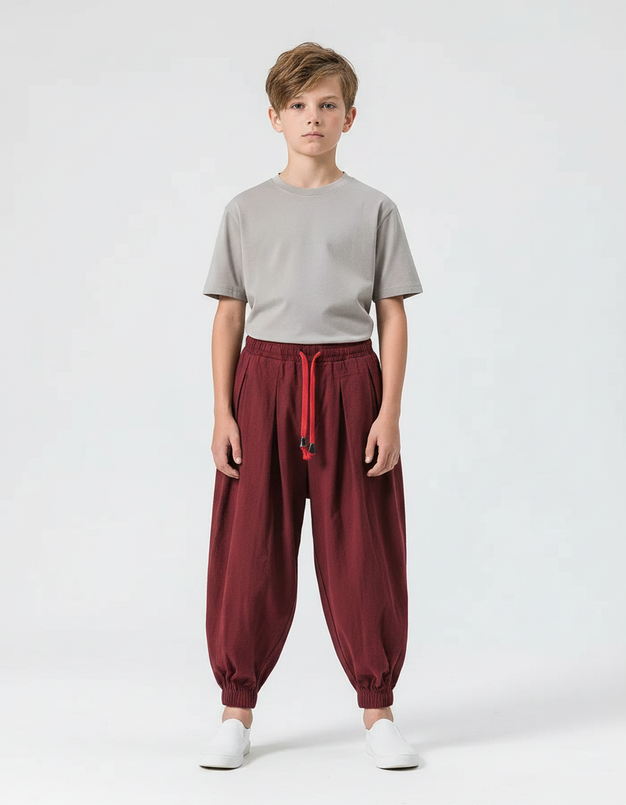 Pantalon Parachute Bordeaux Ample Coton Enfant Décontracté