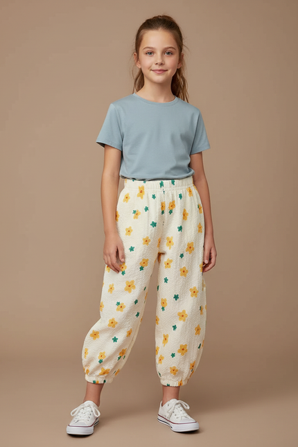 Pantalon Parachute Crème Fleuri Ample Fille Léger Doux - Beige Coton