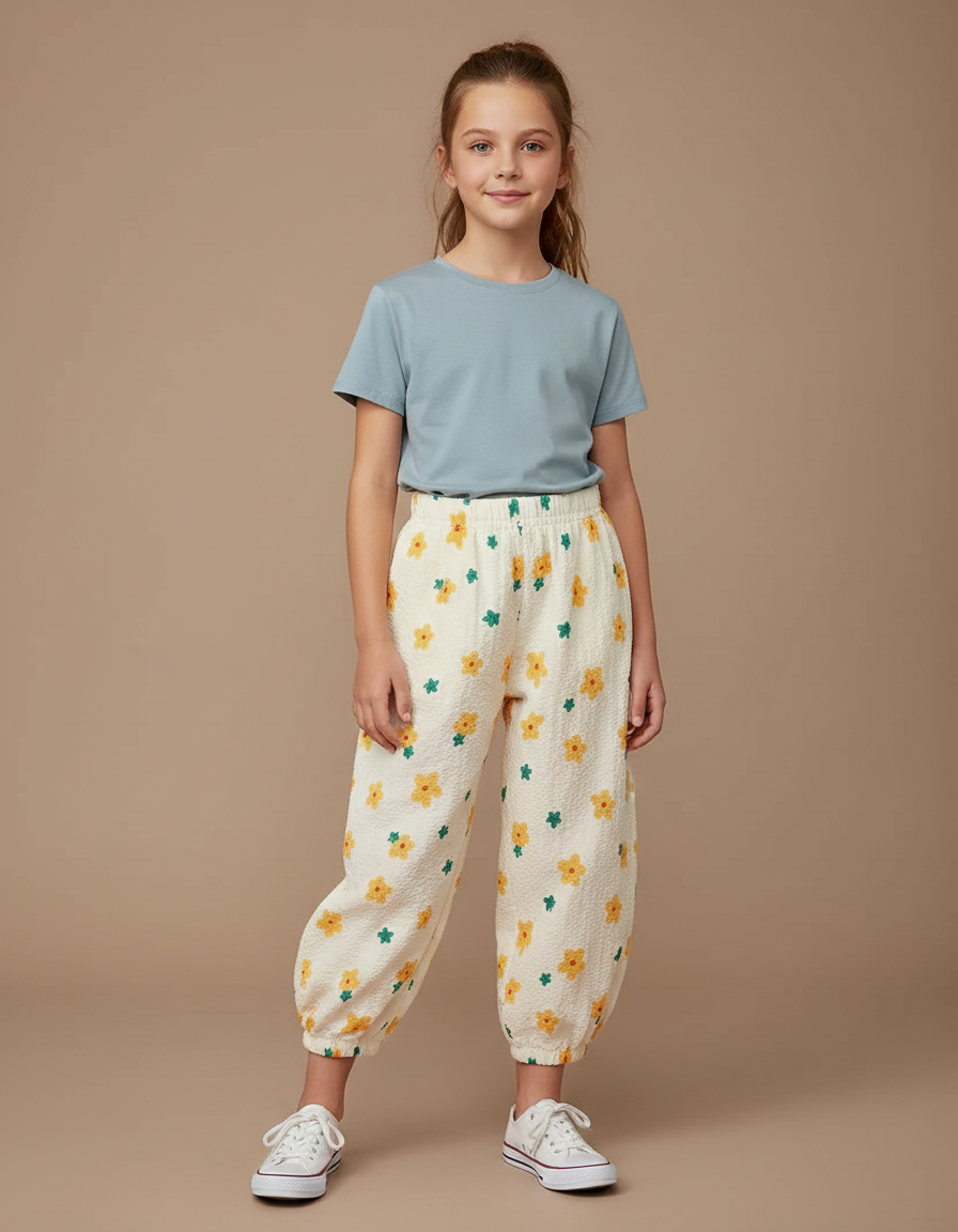 Pantalon Parachute Crème Fleuri Ample Fille Léger Doux - Beige Coton