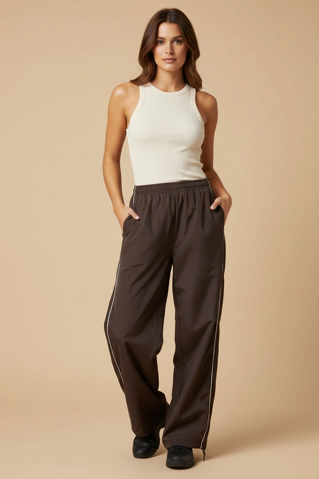 Pantalon Parachute Marron Ample Fluide Sportif Femme - Polyester