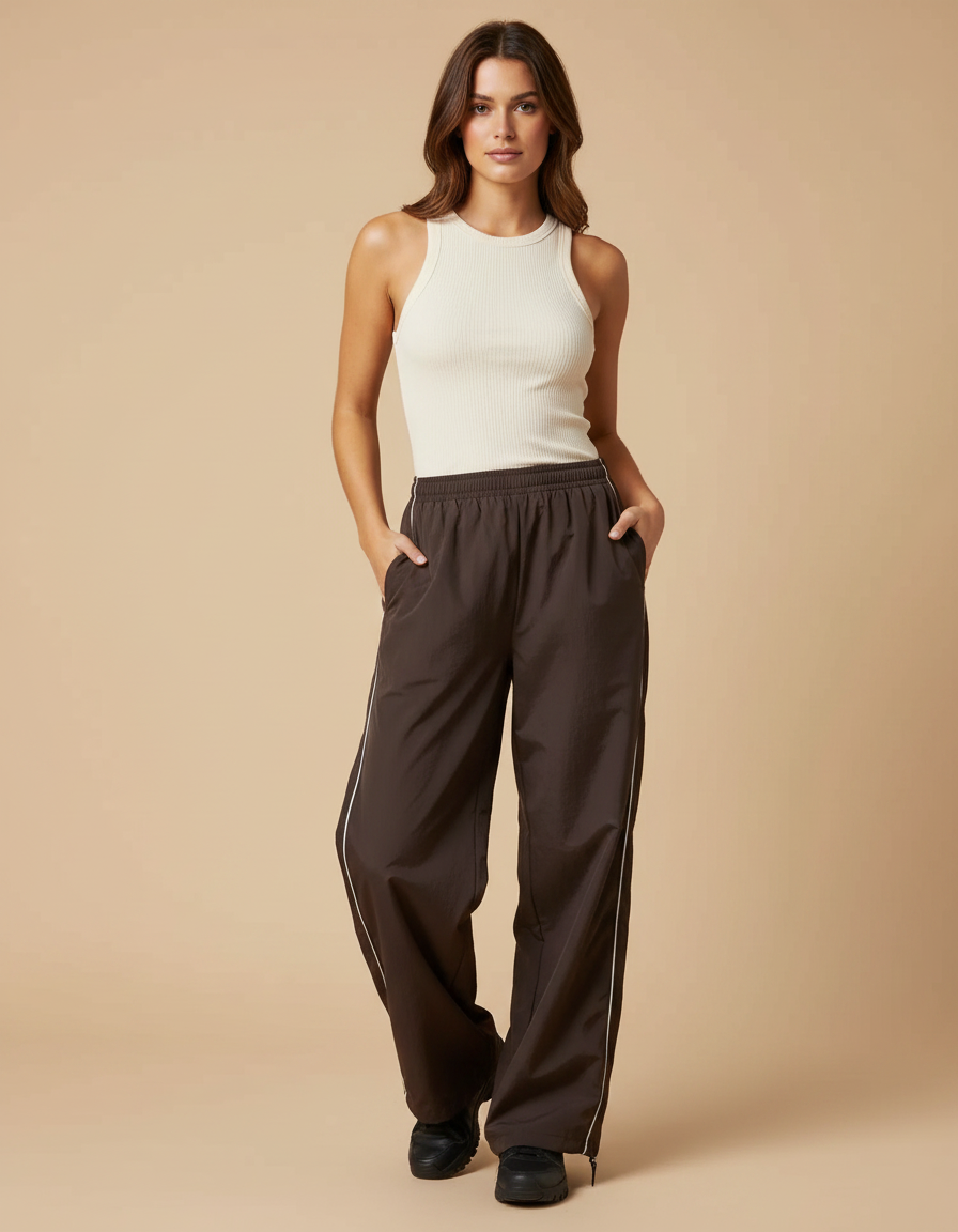Pantalon Parachute Marron Ample Fluide Sportif Femme - Polyester