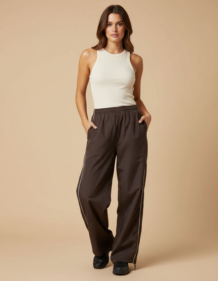 Pantalon Parachute Marron Ample Fluide Sportif Femme - Polyester