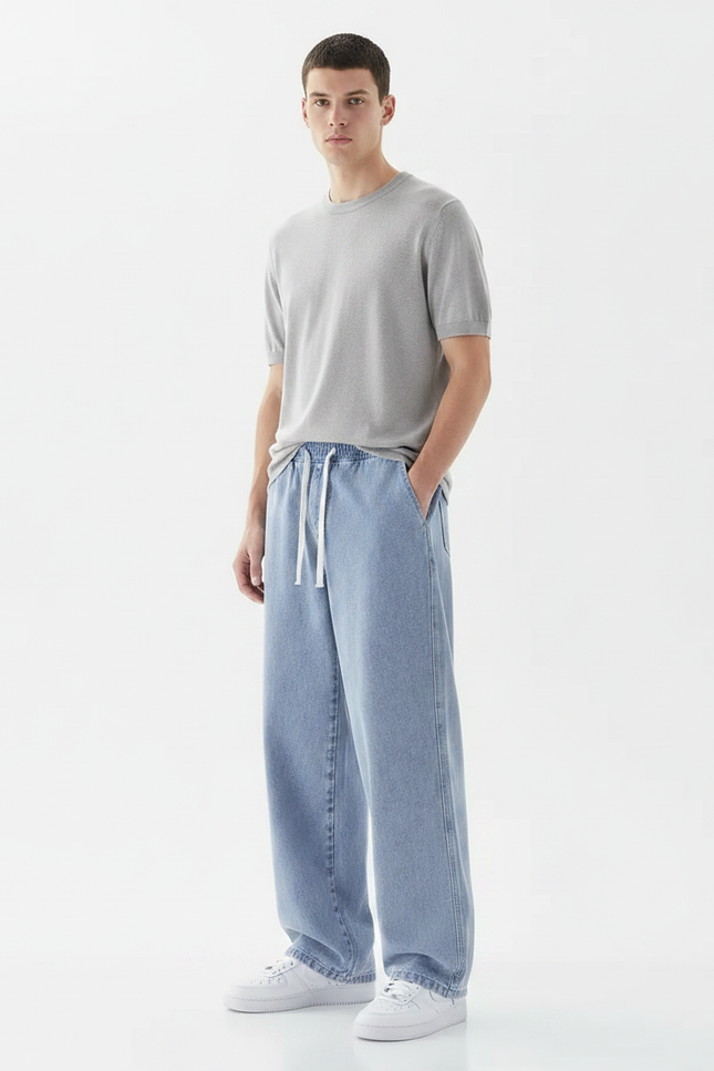 Pantalon Parachute Jean Ample Décontracté Bleu Clair Homme