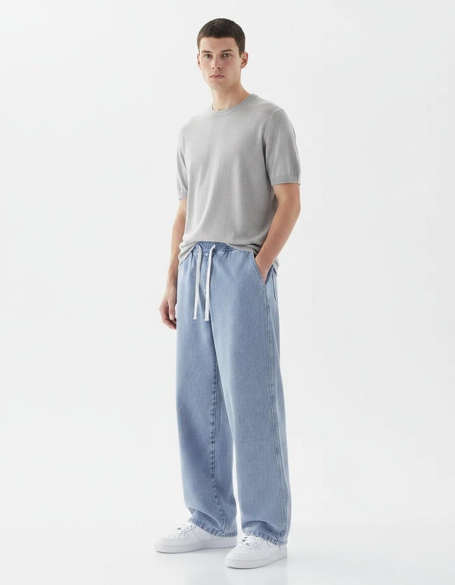 Pantalon Parachute Jean Ample Décontracté Bleu Clair Homme