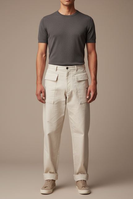 Pantalon Parachute Beige Coton Ample Homme Décontracté