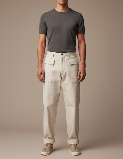 Pantalon Parachute Beige Coton Ample Homme Décontracté