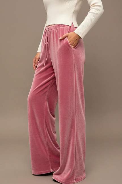 Pantalon Parachute Velours Rose Ample Décontracté Fluide