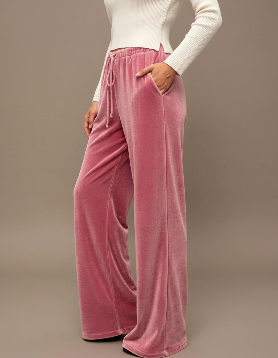 Pantalon Parachute Velours Rose Ample Décontracté Fluide