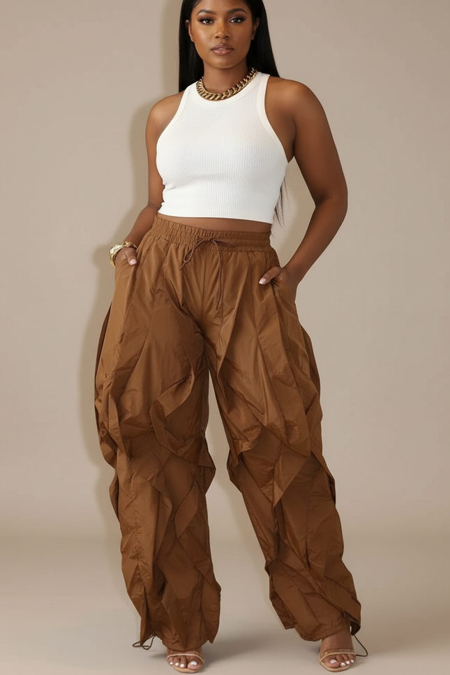 Pantalon Parachute Marron Ample Froncé Cordon Femme - Polyester