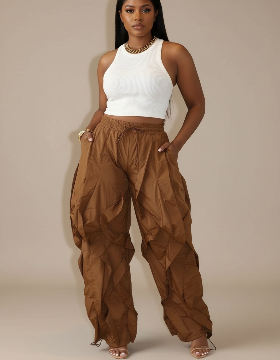 Pantalon Parachute Marron Ample Froncé Cordon Femme - Polyester