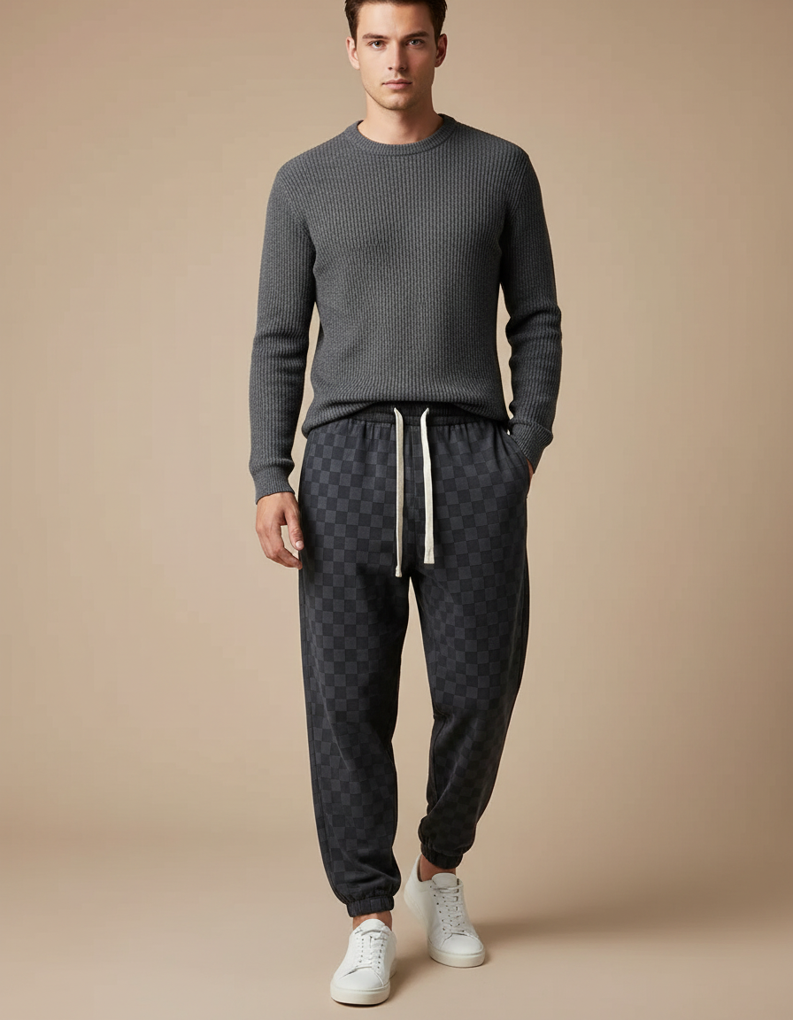 Pantalon Parachute Carreaux Velours Décontracté Homme - Gris