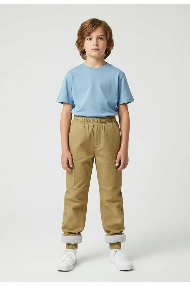 Pantalon Parachute Kaki Cargo Ample Enfant Doublé - Coton