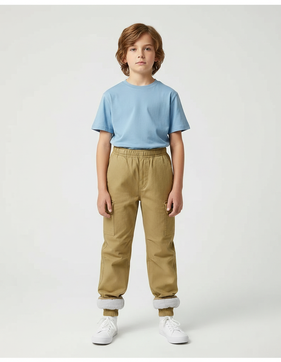 Pantalon Parachute Kaki Cargo Ample Enfant Doublé - Coton