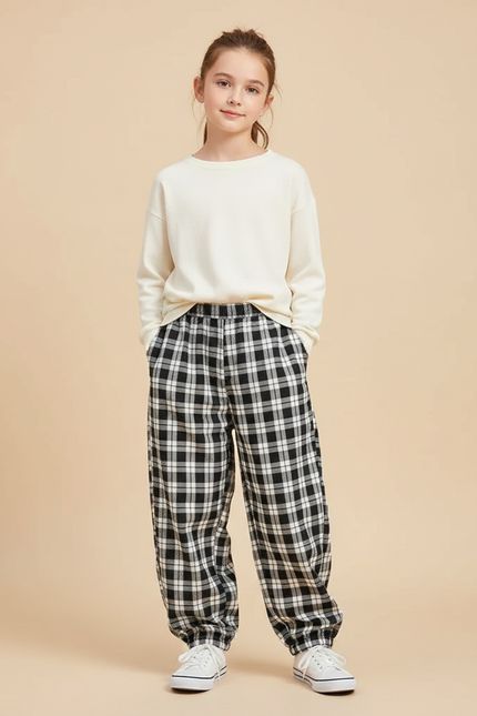 Pantalon Parachute Plaid Noir Ample Décontracté - Coton
